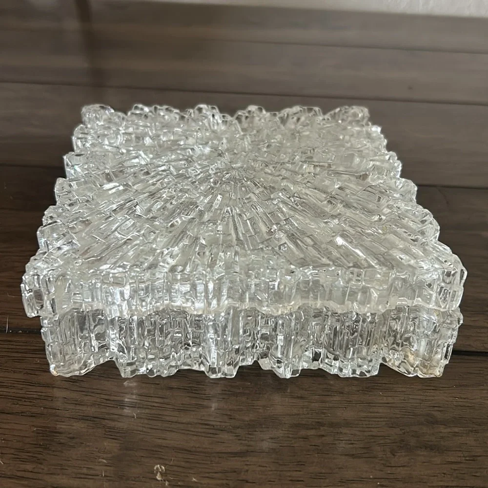 VTG Ice Glass Square Textured Crystal Dish | Mid Century Modern